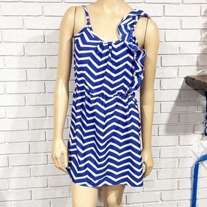 Envy Me Blue White Chevron One Shoulder Ruffle Romper Womens Large